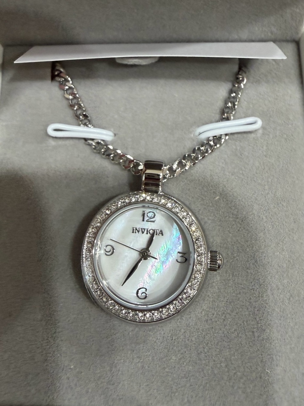 Invicta Silver-tone Mother of Pearl Crystal Pendant Necklace